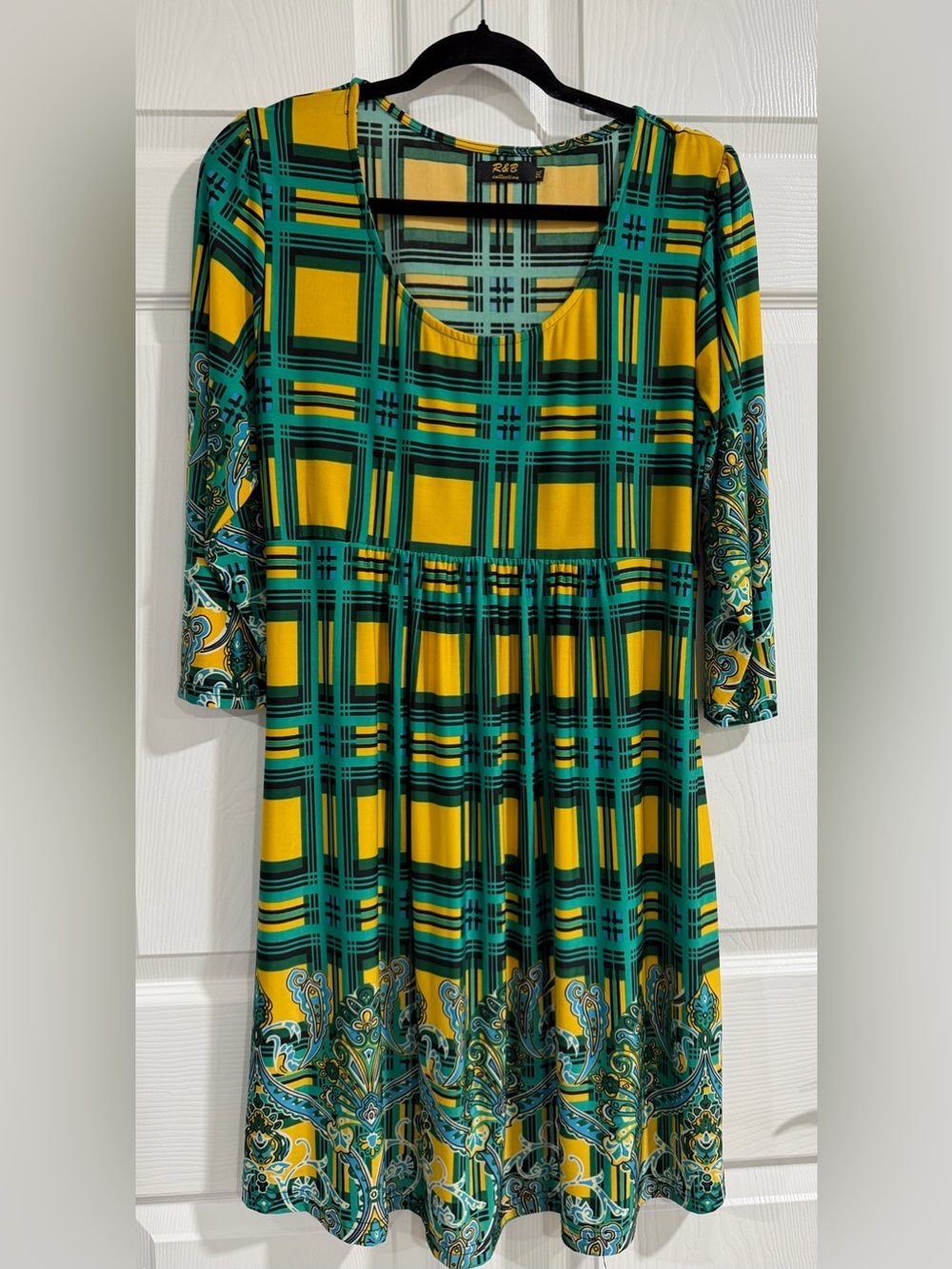 R&B Collection Yellow & Teal Plaid Scoop Neck Dress